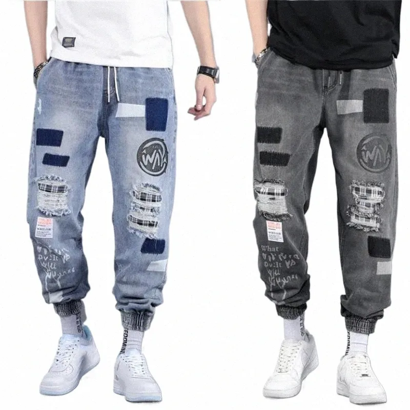 Joggers Broek Casual Gescheurde Jeans Mannen Nieuwe Outdoor Baggy Wilde Harem Jeans Elastische Taille Broek Mannelijke Print Wed Denim Broek u9tV #