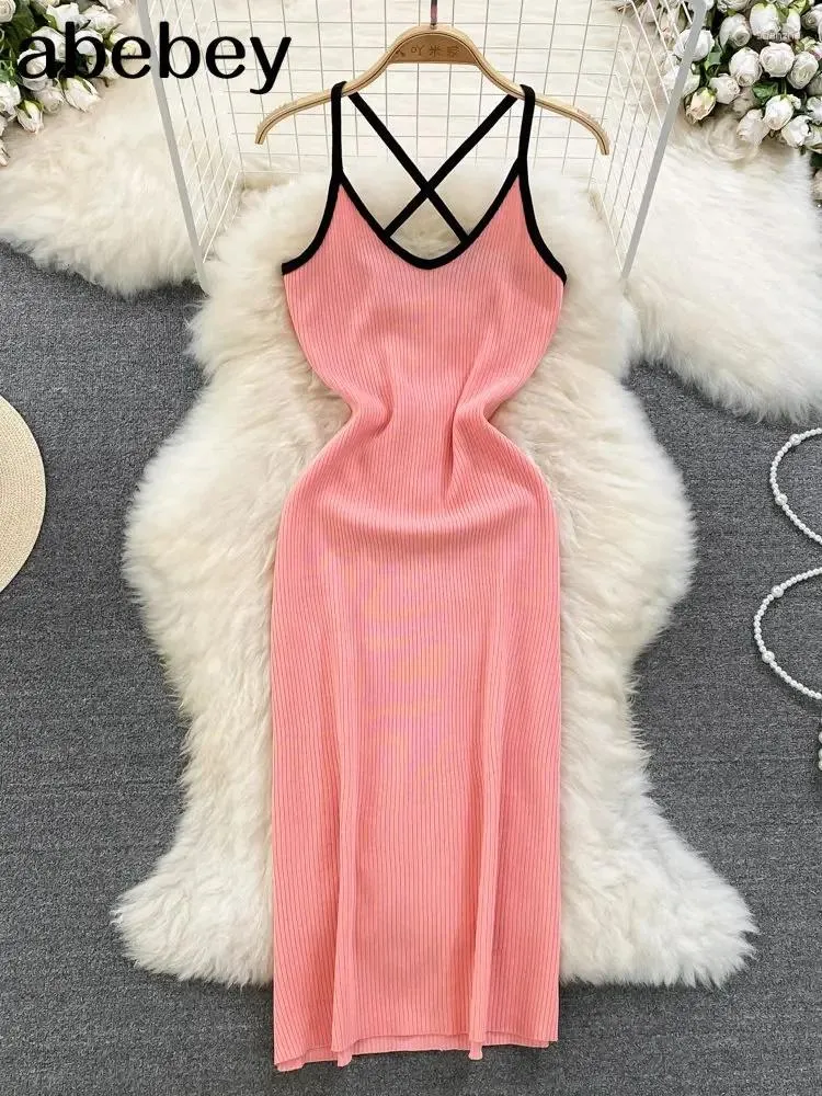 Casual Jurken Roze/Zwart Halter Zomer Gebreide Sexy Band Jurk Vrouwen Elatic Taille Bodycon Zonnejurk Vrouwelijke Strand Backless Lang