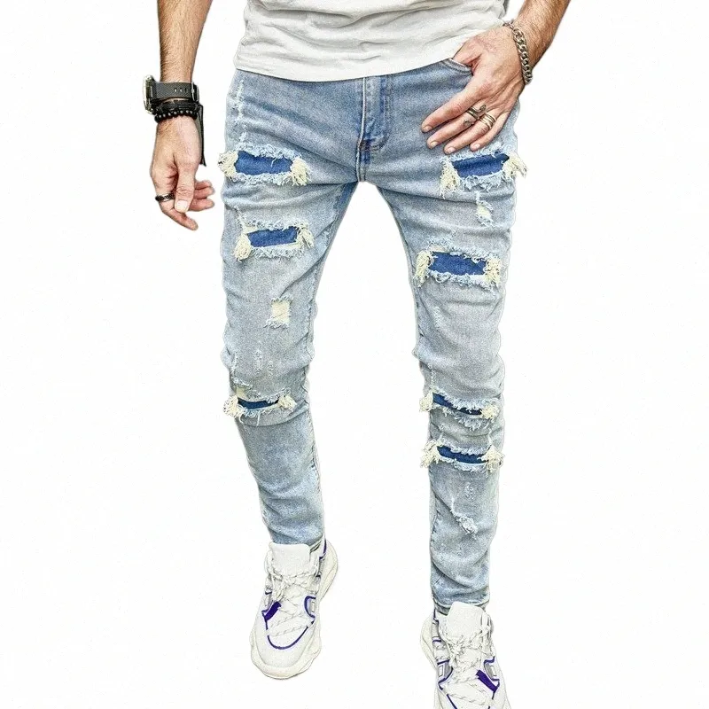 men's Skinny jeans Casual Slim Biker Jeans Denim Patchwork Distred Scratched Bleached Tassel hiphop Ripped Pants 17B1 x4XN#