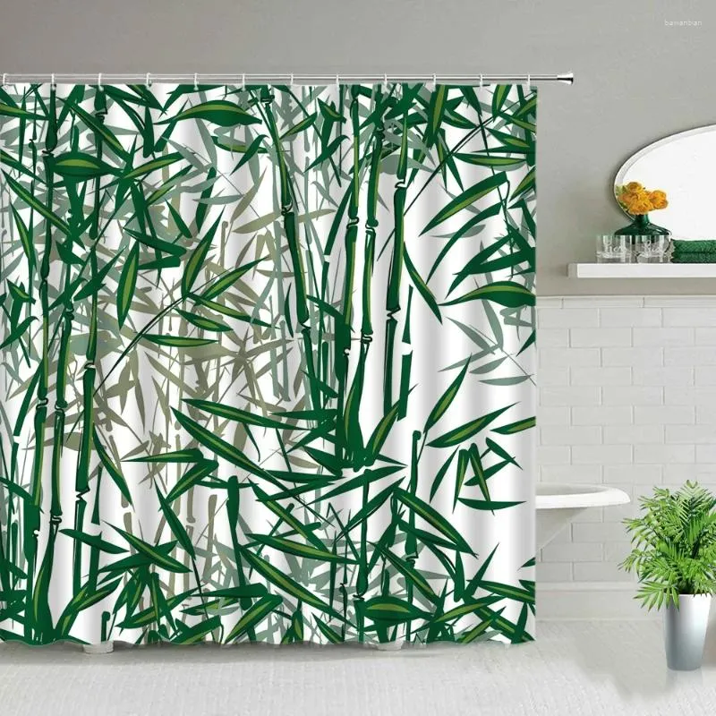 Shower Curtains Green Bamboo Landscape Curtain Hook Bath Accessories Set Spring Plant Home Decor Fabric Bathroom