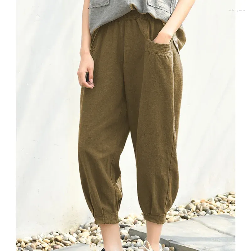 Pantalon femme été 2024 taille haute élastique épissé poche plis mode couleur unie radis Harlan coton et culture lanterne