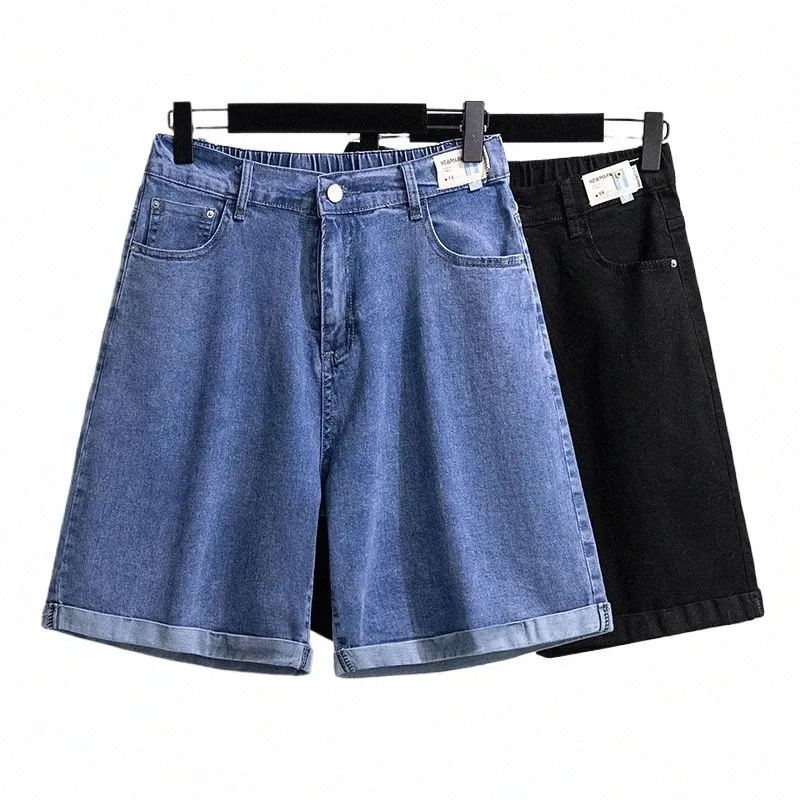 150kg Plus Size Women's Five-Point Denim Shorts Hip 150 Summer High-Waist Loose Wide Leg Pants Blue Black 5XL 6XL 7XL 8XL 9XL x2lM#