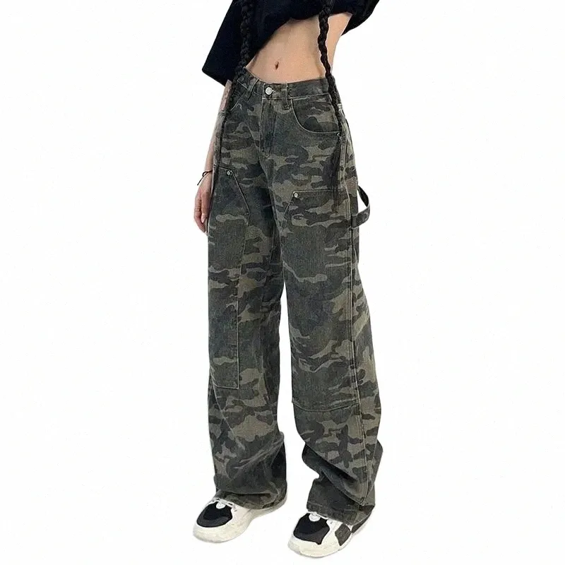 Mexzt Camoue Cargo Broek Vrouwen Y2K Streetwear Laagbouw Jeans Retro Wijde Pijpen Broek Denim Rechte Broek Harajuku 65bs #