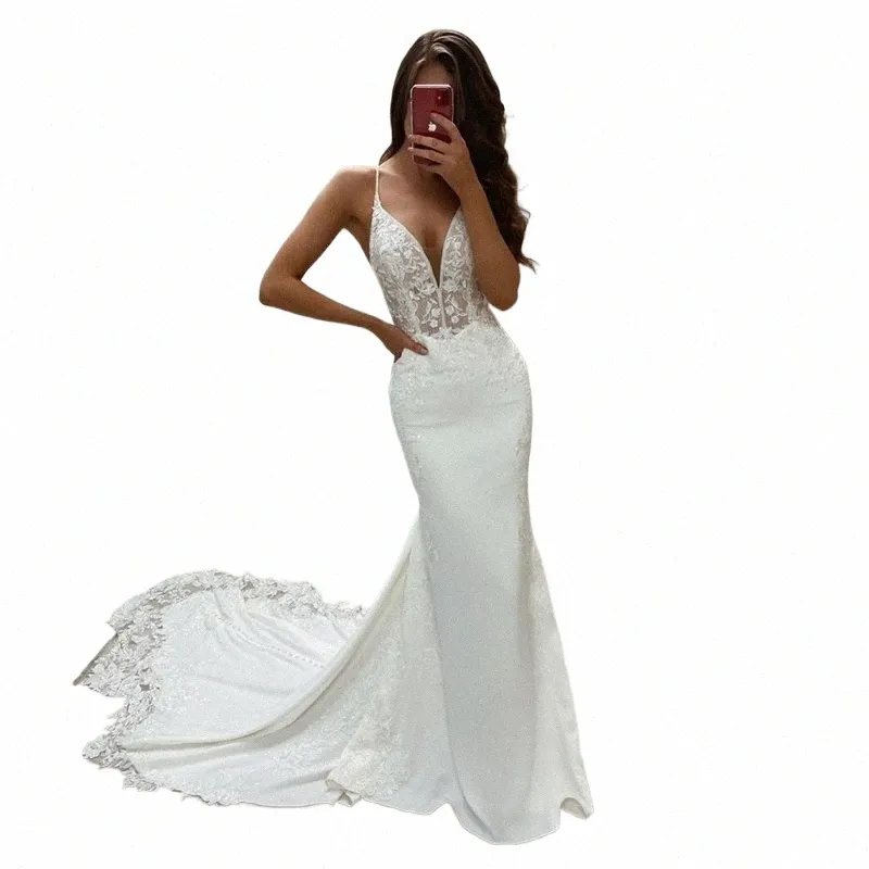 Lorie Boho Trouwjurken V-hals Applicaties Kant Zeemeermin Elegante Trouwjurk Spaghetti Bandjes Sexy Country Bridal Dr 2021 N5Pr#