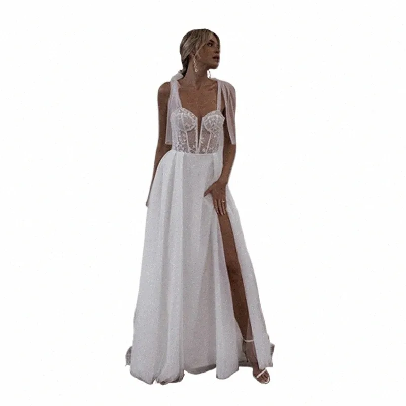 elegante pizzo appliques bianco da sposa Dr per donna A-Line senza spalline abito da sposa Strapl Illusi Backl alta fessura 93dM #