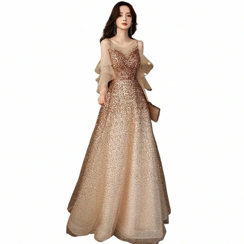 Szampan Golden Evening Dr Women Summer New Elegant Banquet Gowns Suknie Brels Cearów z ramion formalne impreza Dres C1fe#