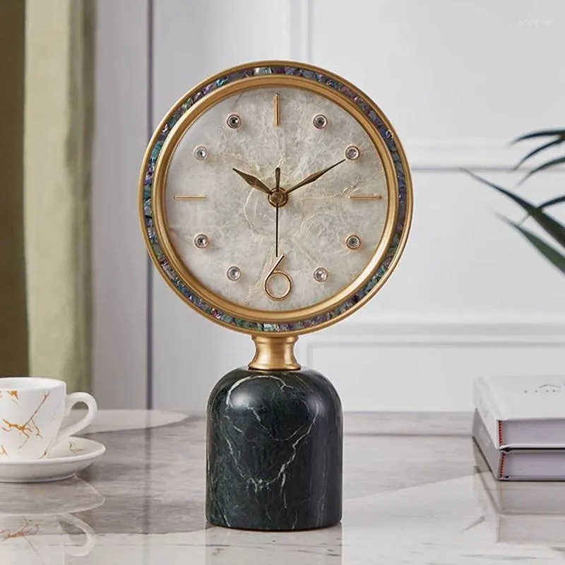 Bordklockor Copper Clock Shell Dial Marble Base Decoration Room Bedroom Bedside Modern Simple Office Desk Pise Standpise