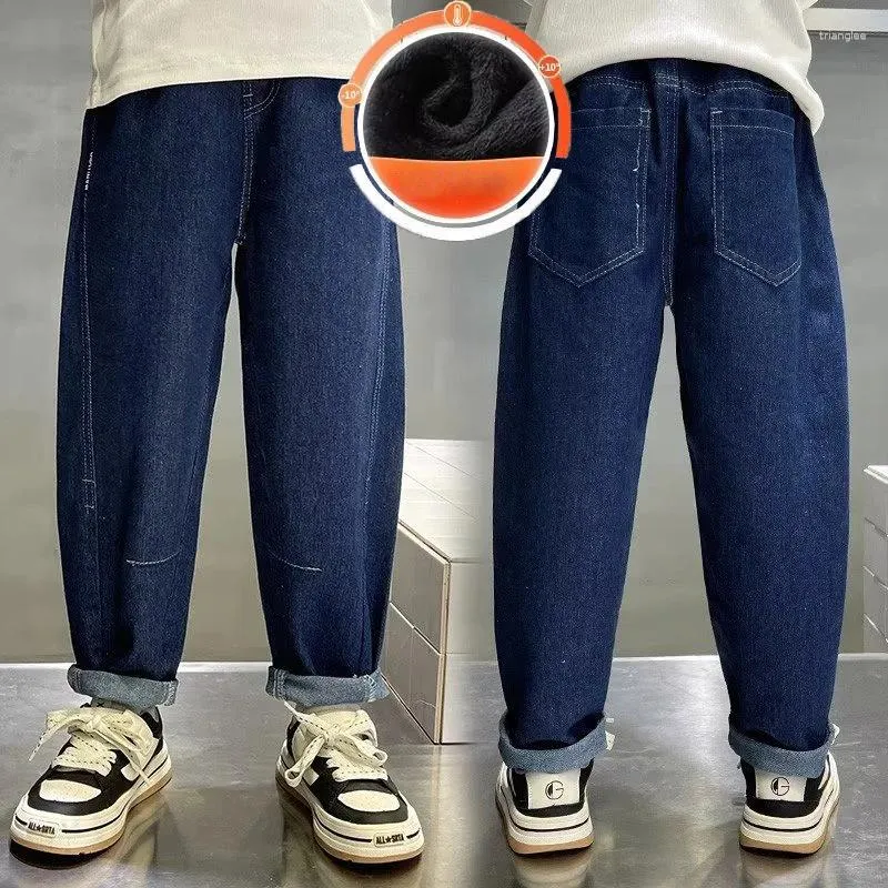 Calças masculinas retro solto encaixe jeans para meninos meados de ascensão comprimento reto luz azul na moda outono e inverno estilo de pelúcia