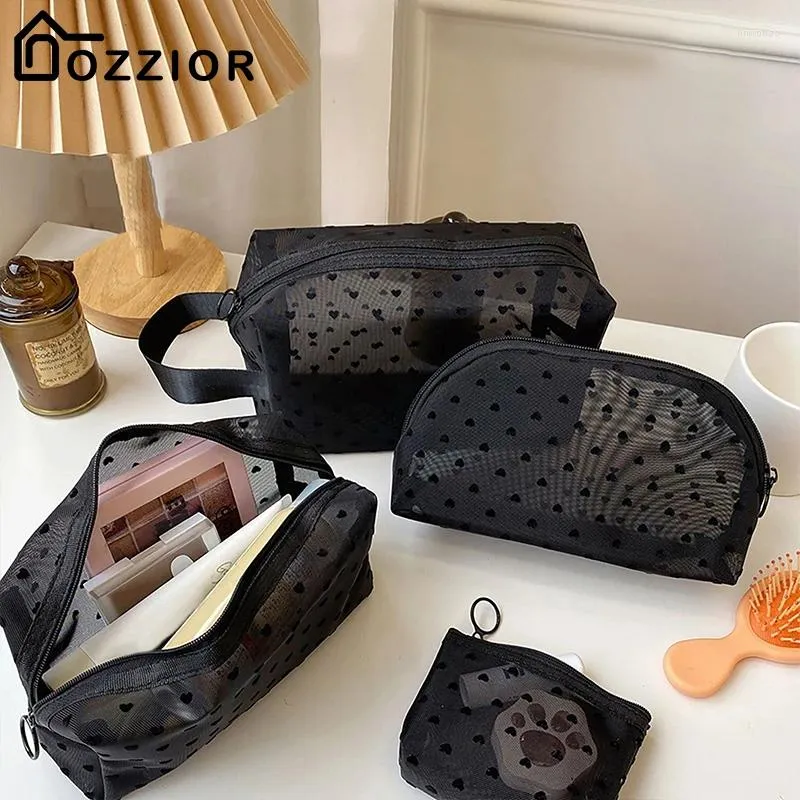 Borse portaoggetti Borsa per cosmetici in rete con stampa amore Borsa da toilette portatile Organizzatore per trucco Borsa multifunzione trasparente per monete per rossetto da donna