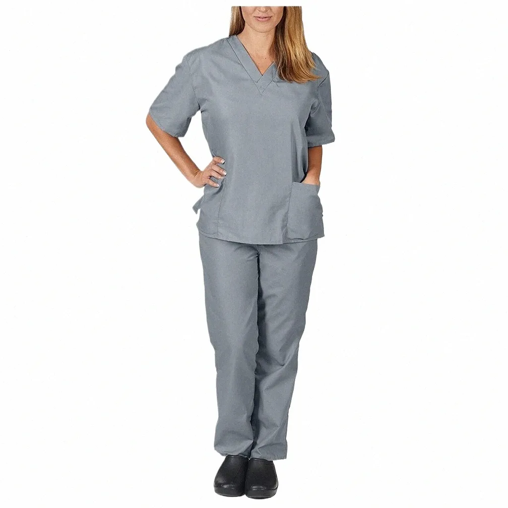 ladies Scrub Top And Pants Set Work Wear Classic V-Neck High Quality Laboratory Work Wear Beauty Sal Scrub Top And Pant Set Q7cg#