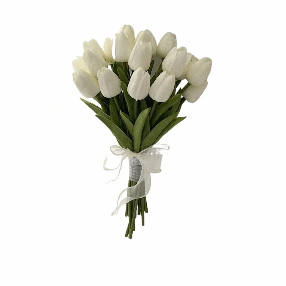 Kyunovia DIY Wedding Bouquet Fr 30pcs/Lot Pu Tulips Frs+6 -calowy Ribb+1pcs Perła dla Bride Bridal Brouquets Q2j1#