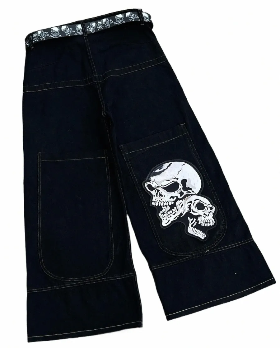 Jeans Hombres Hip Hop Punk Skull Print Baggy Y2k Low Rise Pierna ancha Pantalones de mezclilla Harajuku Negro Pantalones casuales sueltos Goth Streetwear 05Ri #