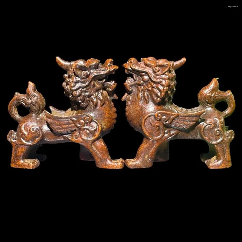 Decorative Figurines Bronze Tea Pet Kirin A Pair Of Ornaments Copper Tray Table Feng Shui Home Decor