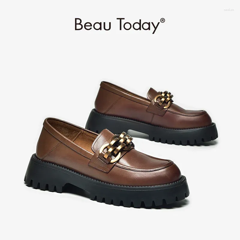 Casual Shoes BeauToday-moccasins Metal Chain For Women Thick Cow Leather Round Toe String Flat Sole Serrated Handmade Autumn FS27788