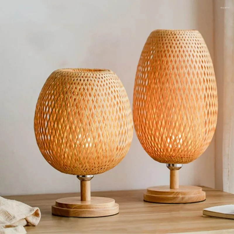 Table Lamps 1pc Handmade Natural Wooden Base Bamboo Weaving Lamp Eye Protection Bedroom Bedside Night Light Without Lighting Source