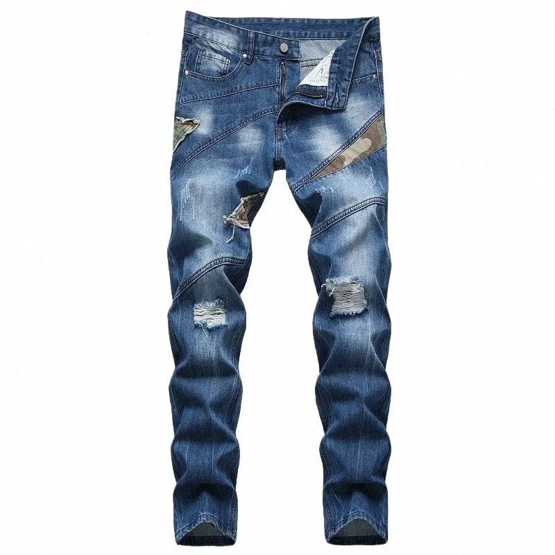 Quatre Seass Fi Hommes Camoue Patchwork Ripped Biker Jeans Pour Moto Droite Slim Fit Denim Pantalon Solide Casual Jeans 29-42 L48P #