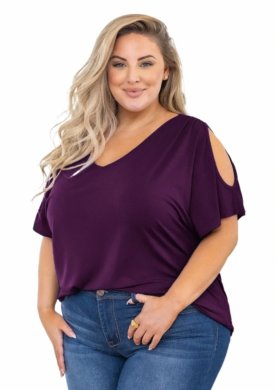 Showmall Mulheres Plus Size Verão Tops Roupas de Manga Curta Blusa de Ombro Frio V Neck Túnica Camisas L-4X v6YS #