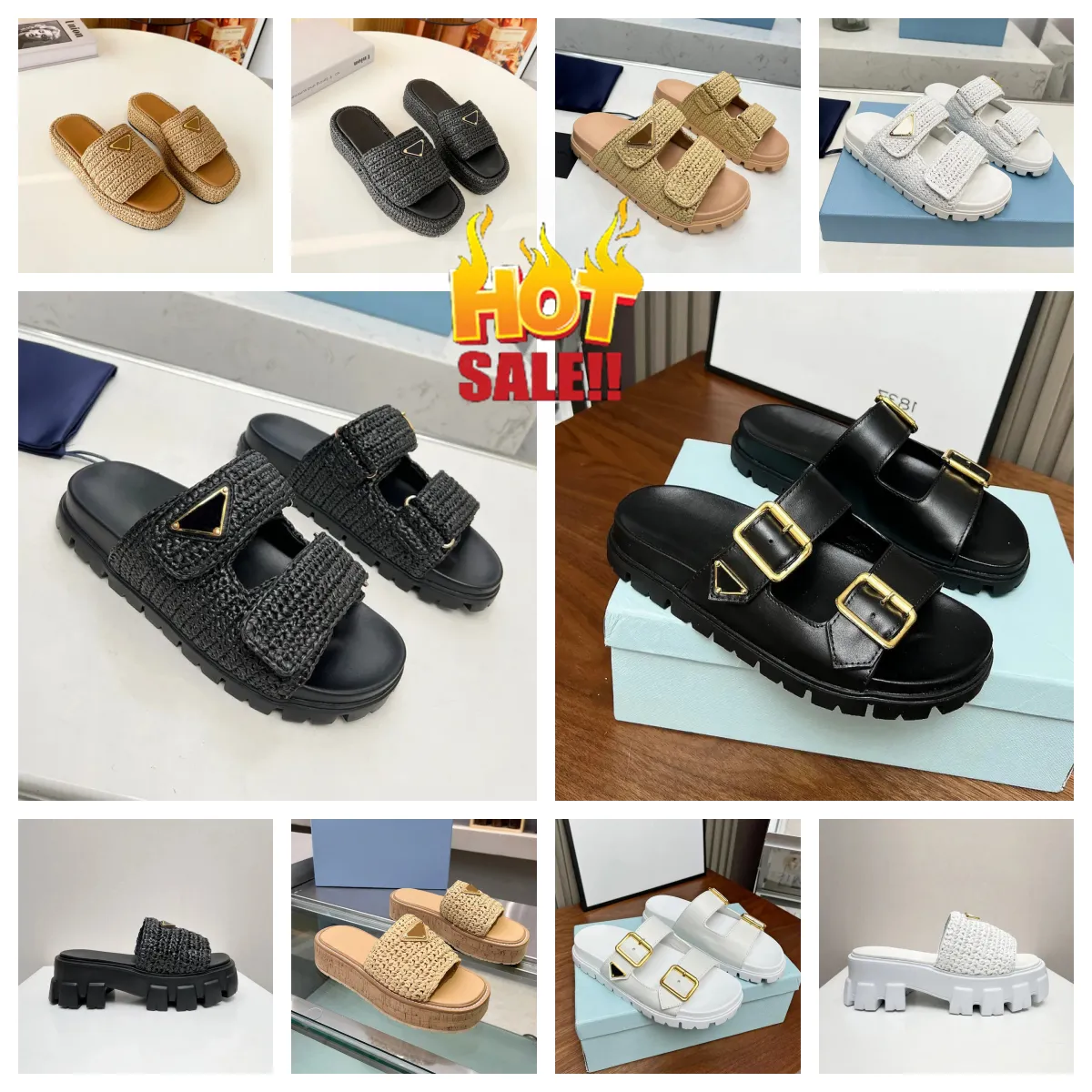 2024 Designer Sandalo Donna Scivoli all'uncinetto Zeppe con piattaforma nera Pantofola flatform in paglia Estate piatta Comfort Mule Beach Pool Due cinturini