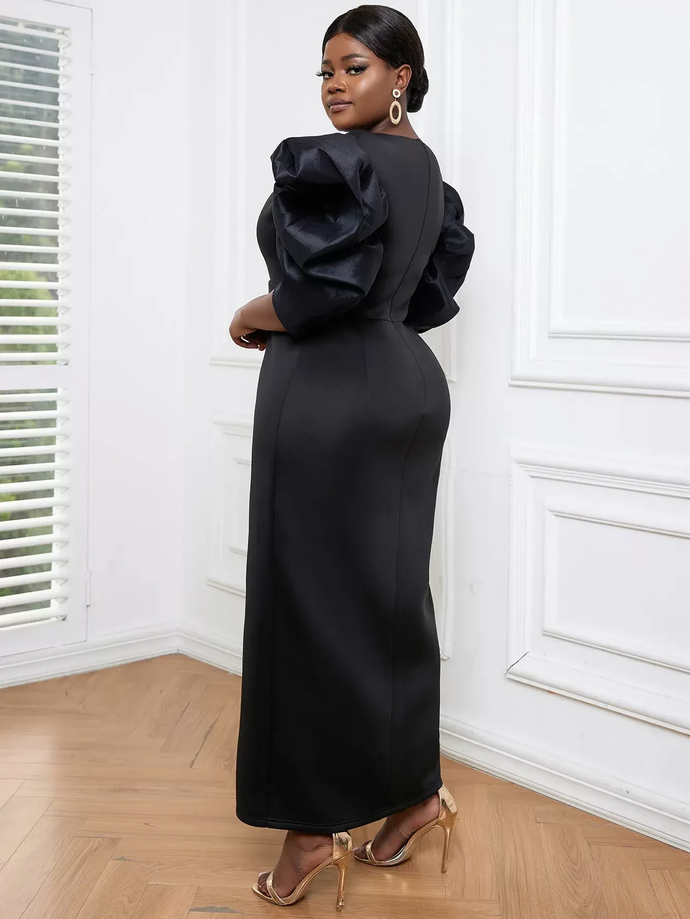 Plus Size Black Chiffon A-Line Dress with V Neck, Puff Sleeve, Side Slit,  High Waist Belt, and Ankle-Length Hem from Dhgate Urban Sexy Dresses -  price 1169.55