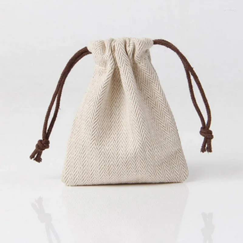 Jewelry Pouches Customized Linen Plaything Packaging Portable Storage And Organization Bag Drawstring Small Cloth Herringbone Pattern