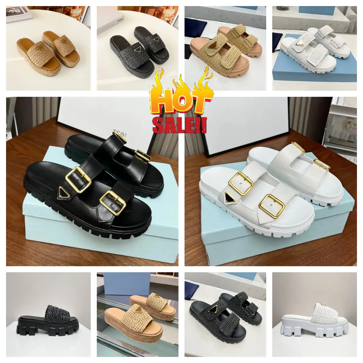 Ny designer sandal kvinna virkning glider svarta vita plattform kilar halm flatform toffel sommaren platt komfort mule strandpool två remmar