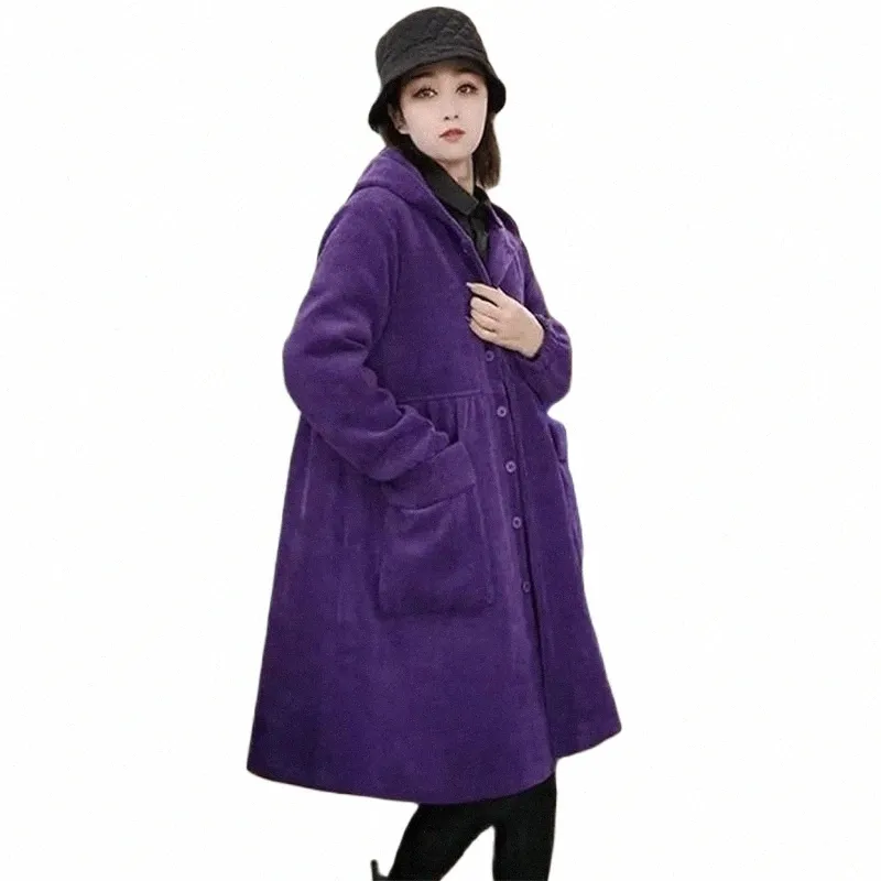 high End Purple Winter Cott Coat Female 2023 New Cott Clip Corduroy Women's Cott Clothes Mid-Length Hooded Trench Coat h62E#