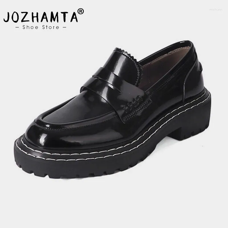 Casual Shoes JOZHAMTA Size 34-39 Real Leather Women Loafers Platform Thick Mid Heels 2024 Ins Fashion Work Office Spring Trendy