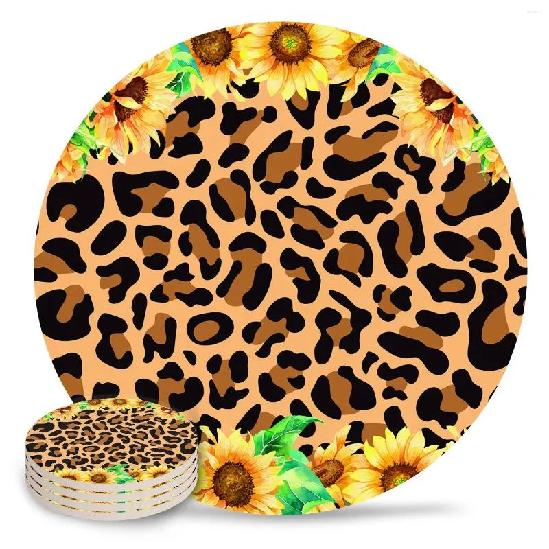 Tapetes de mesa com textura de girassol e leopardo, conjunto de cerâmica, redondo, absorvente, para bebida, café, chá, tapete