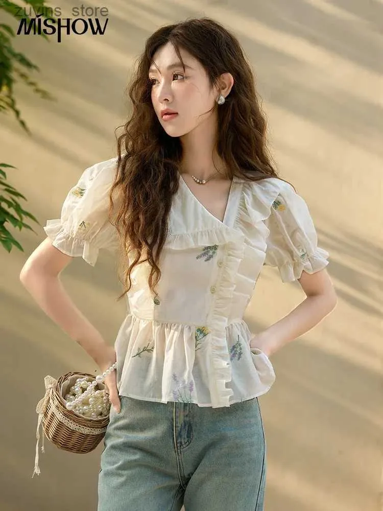 Kvinnors t-shirt Mishow Womens Sweet Embroidery Flower Bluses 2023 Summer Puff Sleeve Asymmetric V Neck Turn-Down Collar Chiffon Top MXC36C003224329