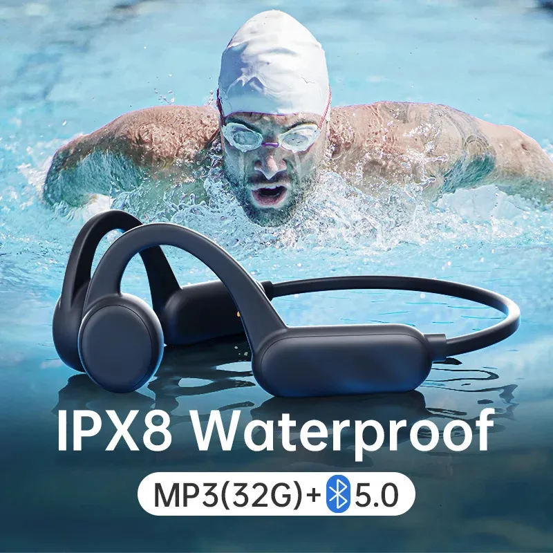 ワイヤレスイヤホン用水泳骨伝導bluetooth ipx8ウォータープルーフヘッドフォン32g ram mp3音楽マイク240314