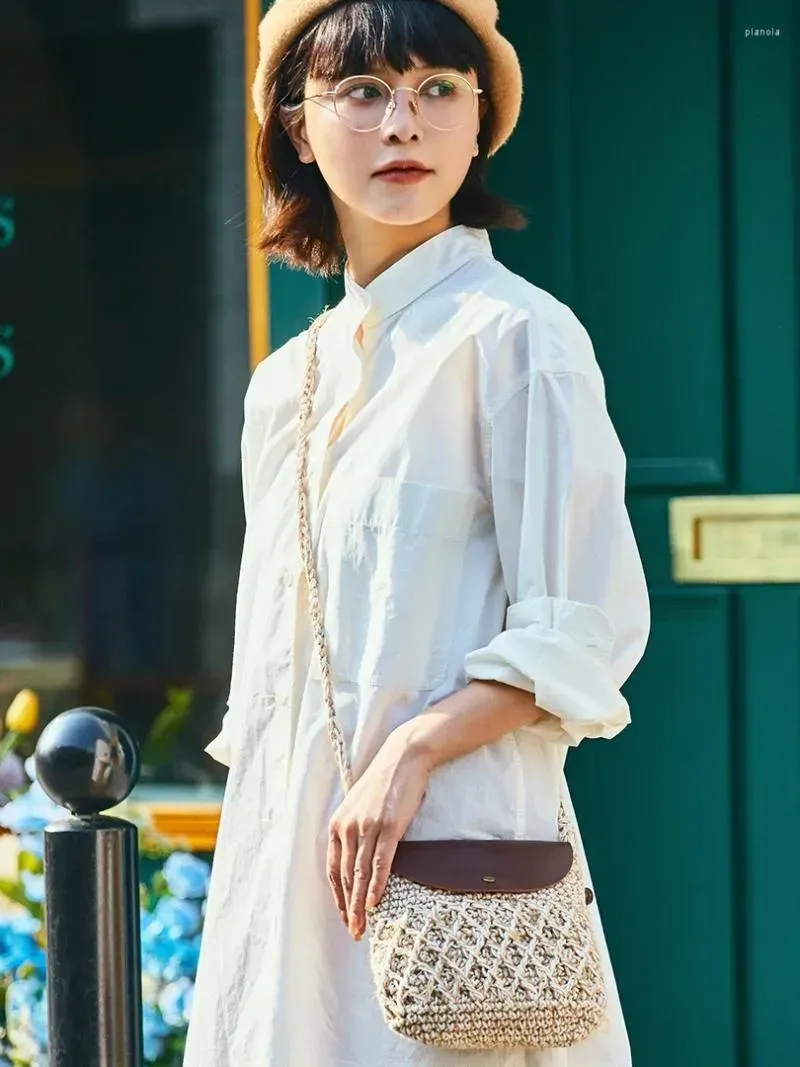 Shoulder Bags Japanese Woven Bag Cotton Linen Text Fabric Small One-Shoulder Messenger Leather Summer Lightweight Women's