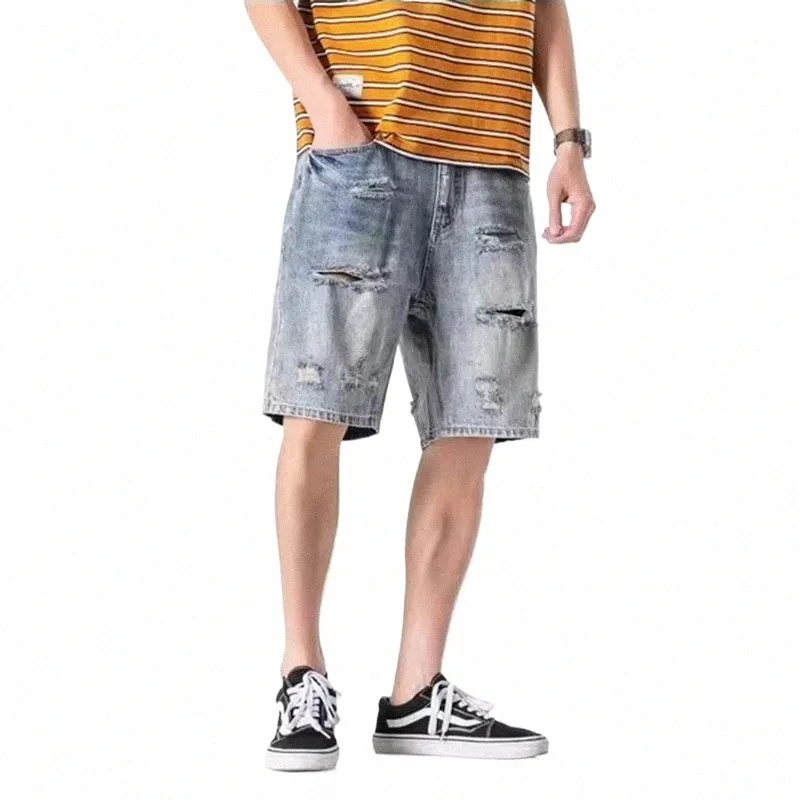 Reddachic Skater män rippade hål denim shorts borstade blå w frayed baggy jeans jorts wide ben casual byxor sommarkläder p1ka#