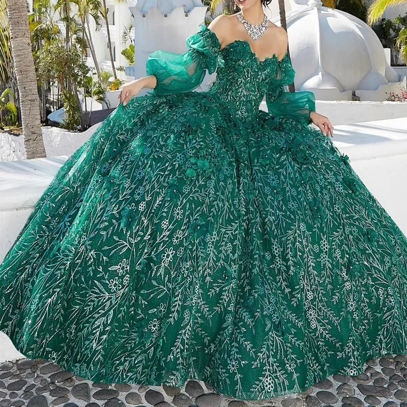 Glitter Emerald Green Quinceanera Sukienki z Aplikacje na ramię Crystal Sweet 15 16 Sukienka okazja PROM PROMETOS 15 de anos