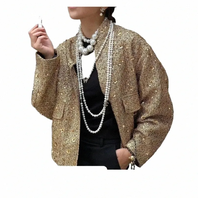autumn Winter Metal Color Sequin Woven Jacket For Women Loose Stand Collar Lg Sleeve Coat Gold Chic Female Outwear e82H#