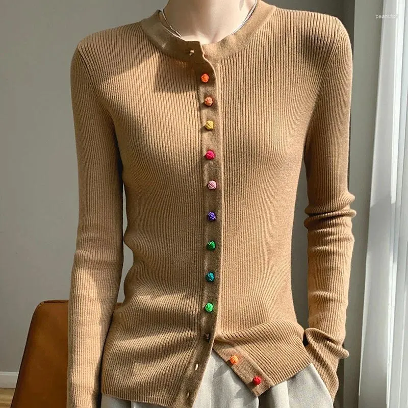 Women's Knits Merino Wool Sweater Round Collar Colorful Buckles Slim Fit Cardigan Autumn Winter Warm Jacket Casual Knit Basic Top