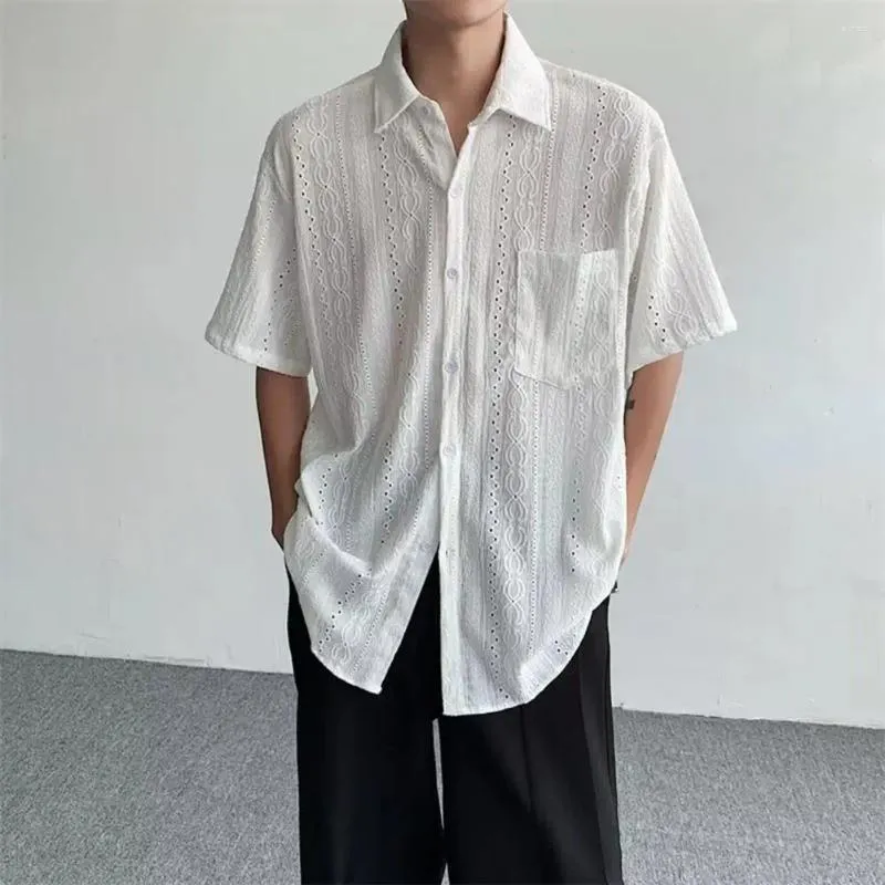Men's Casual Shirts Men Spring Shirt Retro Hollow Out See-through Party With Turn-down Collar Chest Pocket Streetwear Club For Male