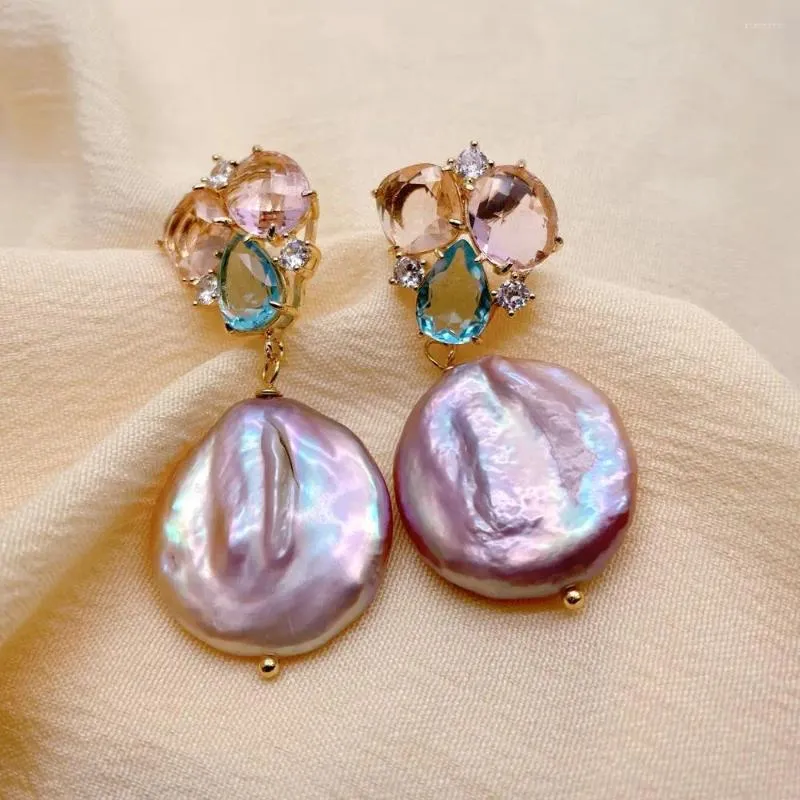 Boucles d'oreilles YYGEM 21mm véritable pièce de monnaie naturelle d'eau douce violet perle multicolore Cz pavé balancent pour les femmes beau cadeau
