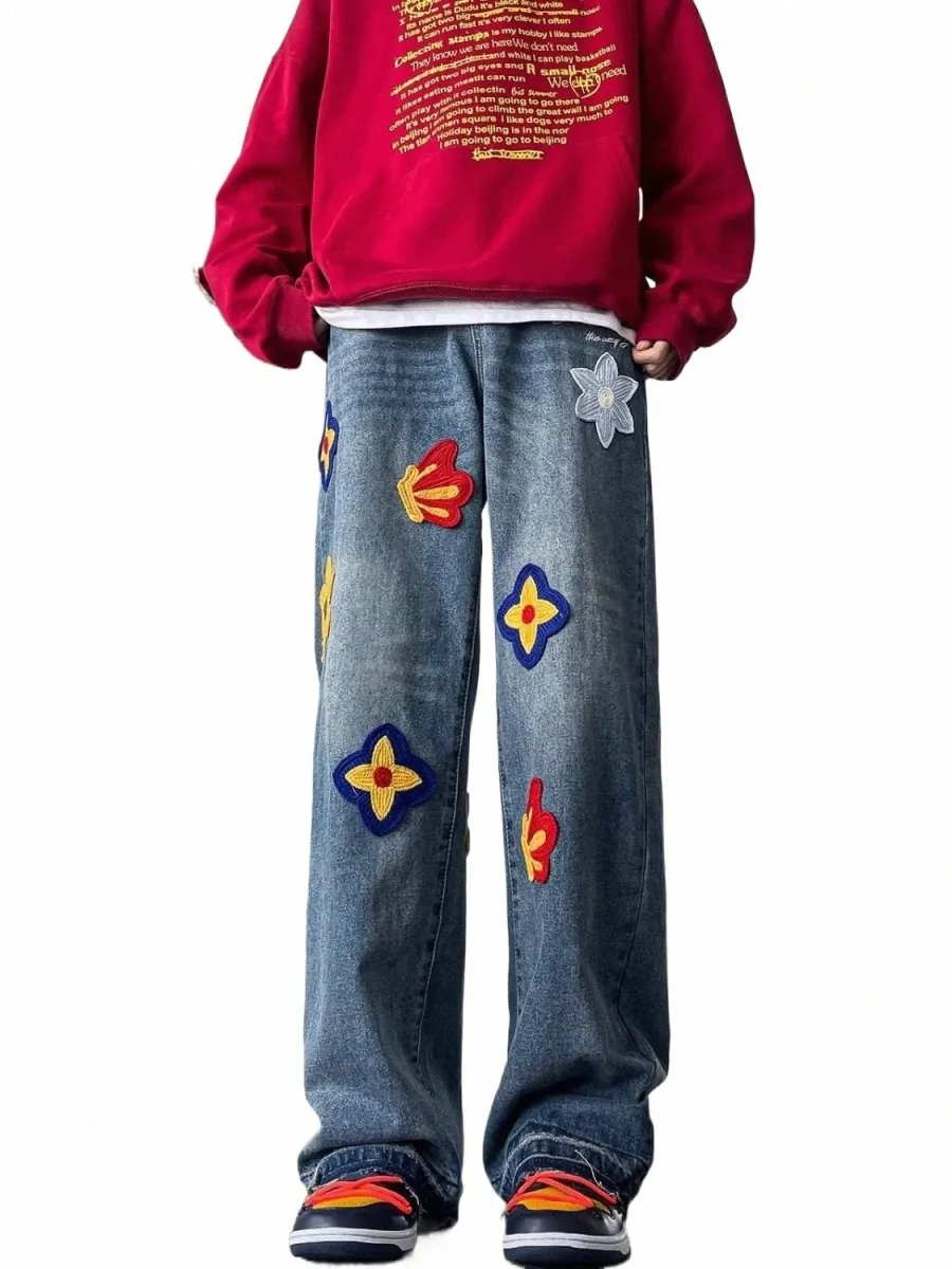 High Street Retro Fr Вышивка Джинсы для мужчин Хип-хоп Свободные брюки с лепестками Широкие брюки y2k Одежда Высокое качество Pantales 55FD #