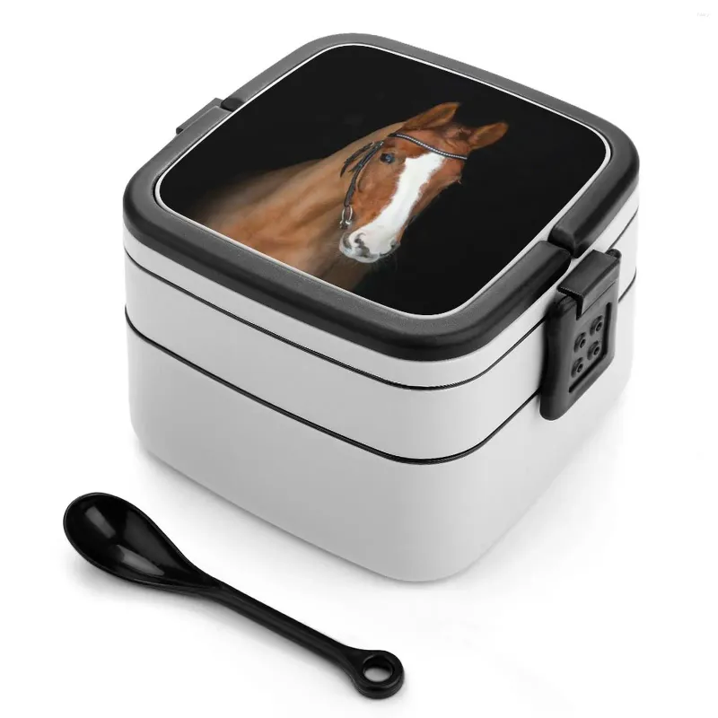 Dinnerware Portrait Of Beautiful Horse Bento Box School Kids Office Worker 2Layers Storage Chestnut Bridle Black