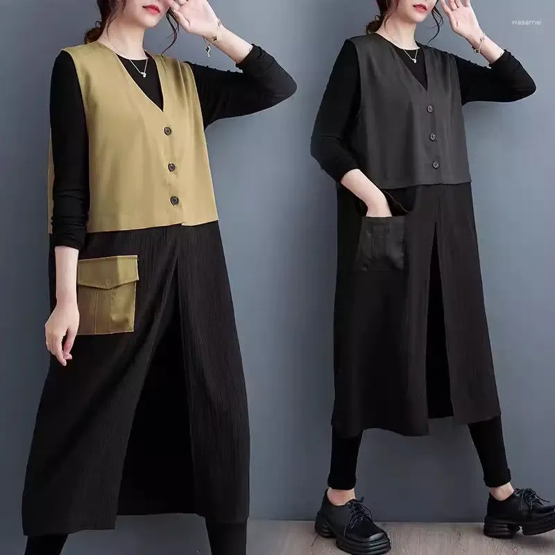 Women's Vests Long Vest 2024 Spring Autumn Loose Artistic V-Neck Splicing Simple Sleeveless Mid Length Versatile Waistcoat Jacket K096