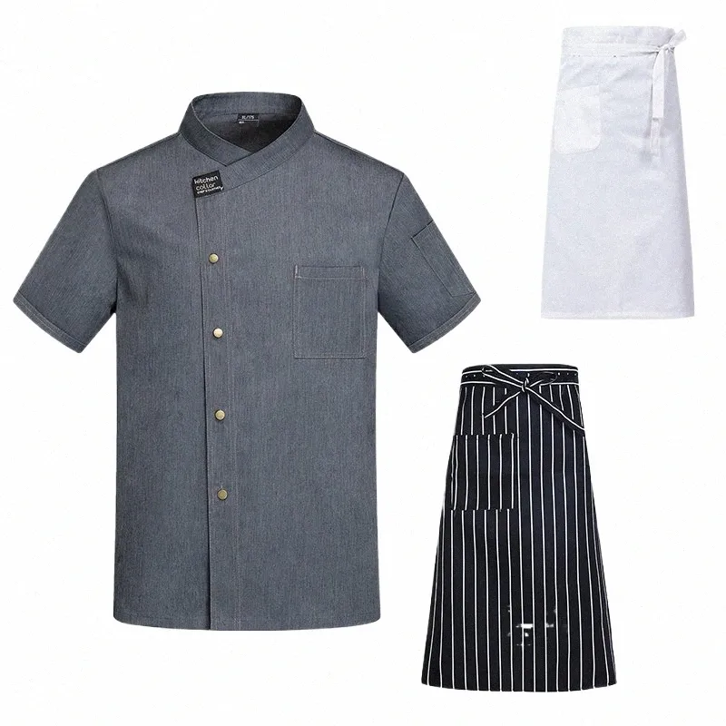 Jaqueta masculina de chef para restaurante, uniforme de cozinha, cozinha, abril, verão, hotel, catering, garçom, traje de padaria, malha respirável O2TK #