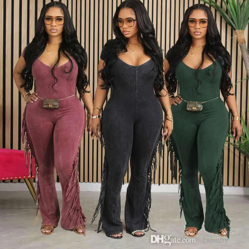 2024 Nieuwe Zomer Jumpsuits Voor Vrouwen Kwastje Bodysuit Tie Dye Gedrukt Korte Mouw Sexy Diepe V-hals Jumpsuit Onepiece outfits