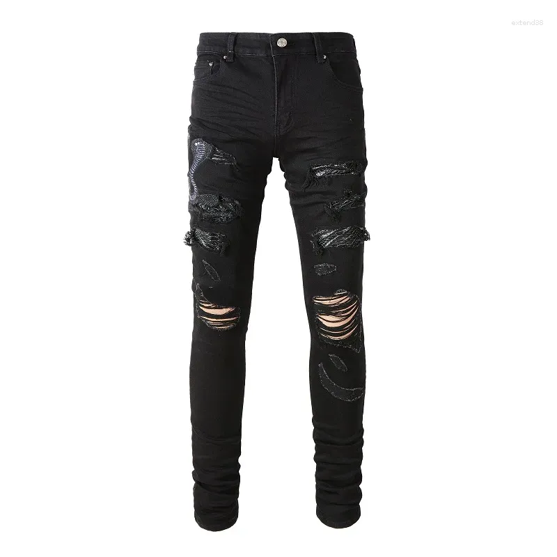 Jeans da uomo effetto consumato ricamato con fori di serpente patchwork nero High Street elasticizzato slim fit strappato