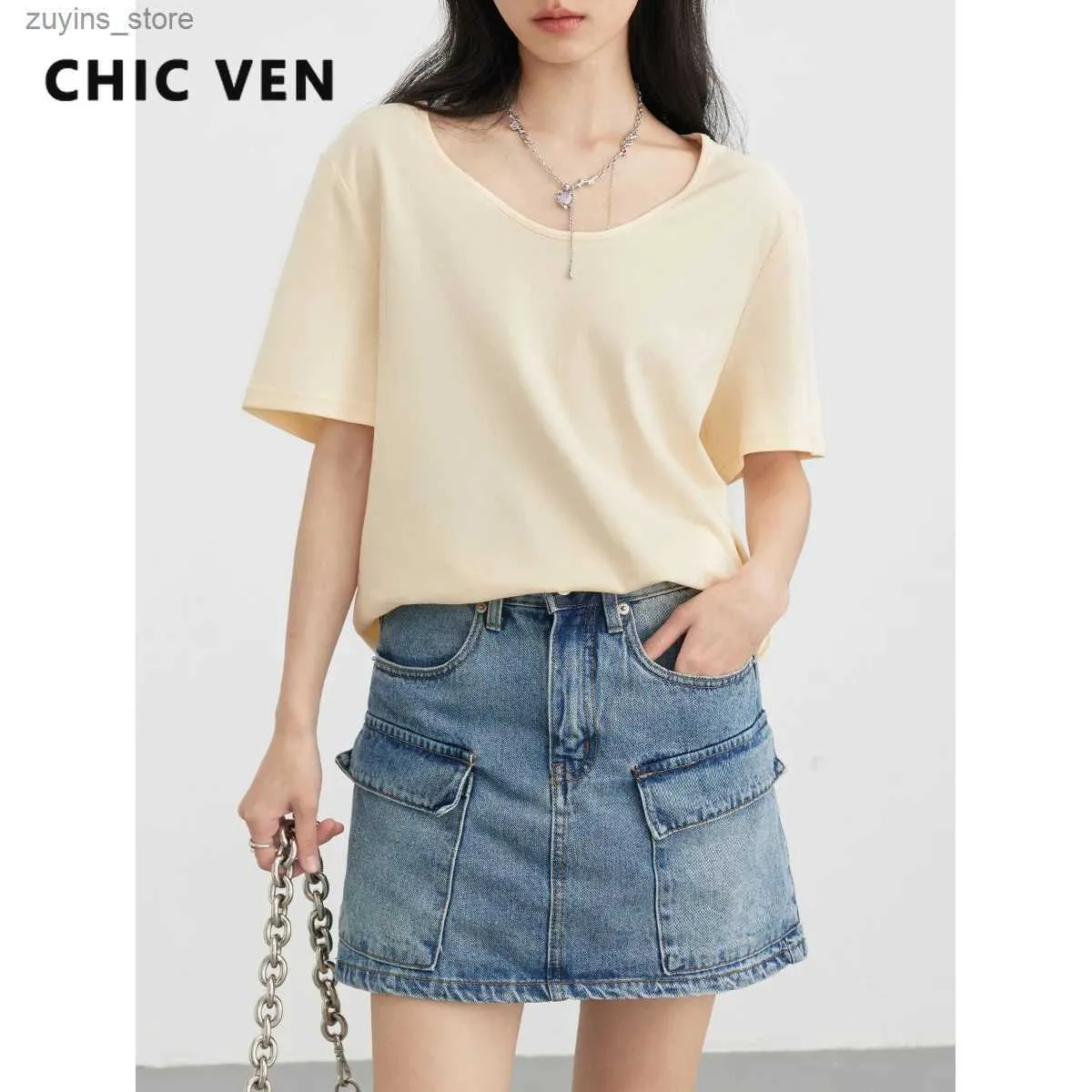 Damen T-Shirt CHIC VEN Koreanisches Loses U-Ausschnitt Basic T-Shirt Baumwolle Kurzarm Top Frauen T-Shirts Pullover Solide Mode Sommer 2023 Weibliche Kleidung24329