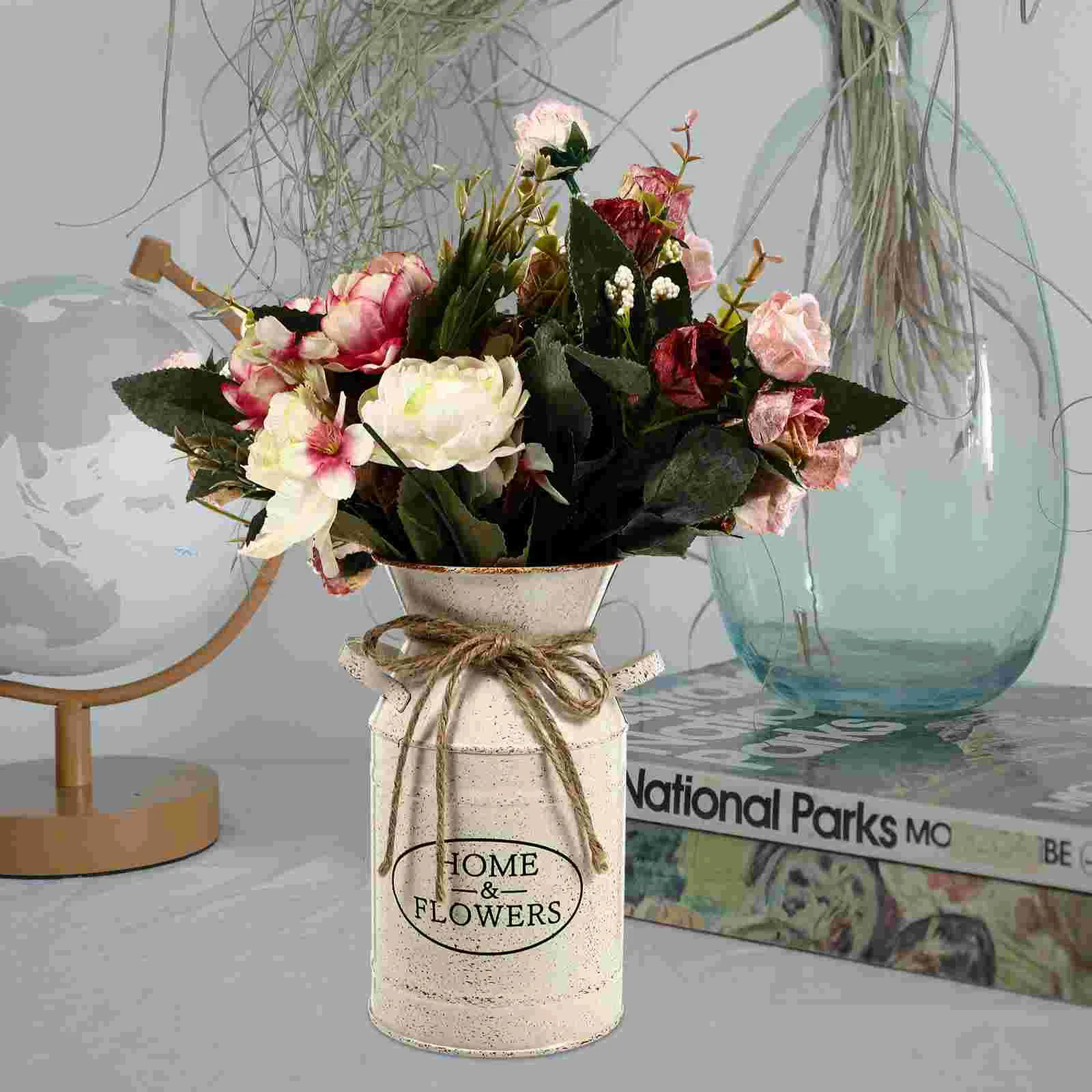 Vasos Vintage Tin Flower Bucket Shabby Chic Metal Vaso Francês Country Style Flower Jarro Ferro Leite Rústico Farmhouse Plantador
