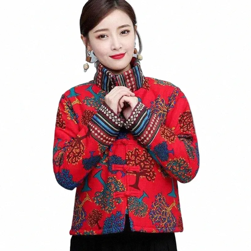Femmes Tang costume veste rembourrée imprimé col montant style chinois vintage automne hiver femme traditi style national manteau court J6AZ #