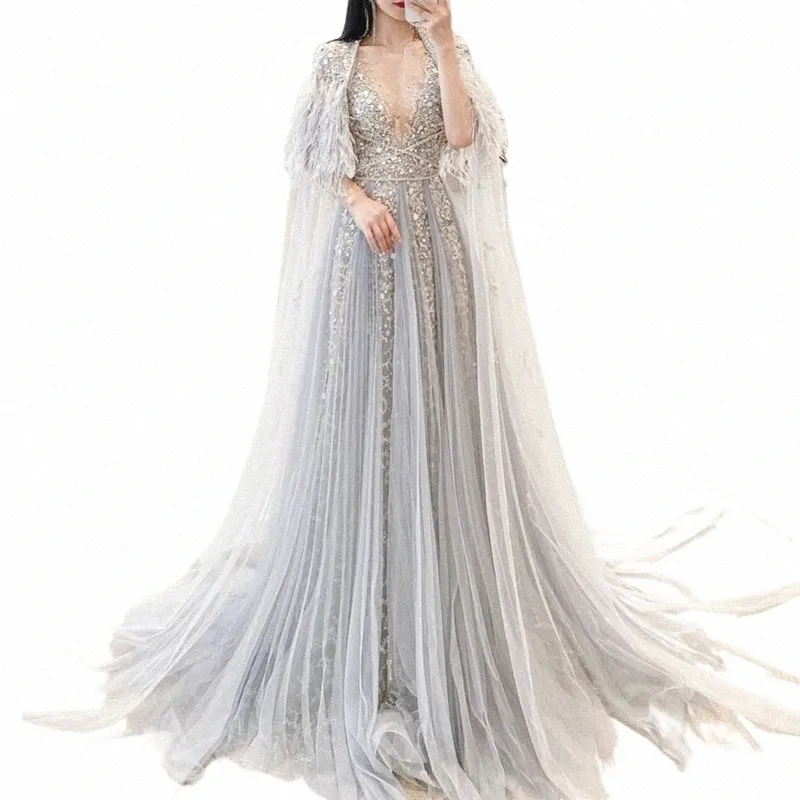 Shar Said Luxus Dubai Silber Grau Abendkleider mit Feder Cape Schal Arabisch Frauen Hochzeit Party Formal Prom Dr SS147 e8lU #