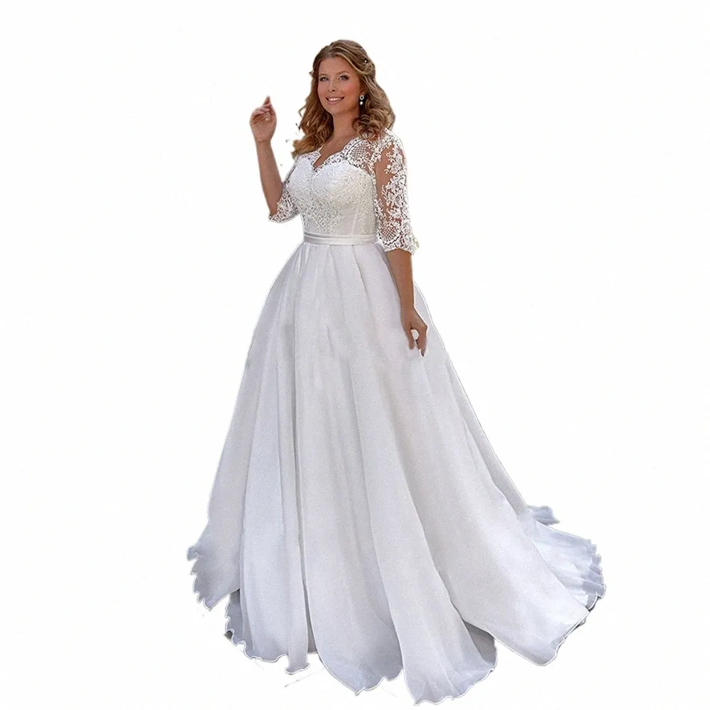 elegant Plus Size Wedding Dr for Woman Half Sleeves V Neck Applique Sweep Train A Line Lace up Bridal Gown Robe De Mariee j8Ta#