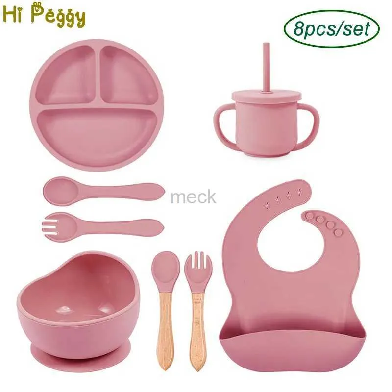 Tazze Piatti Utensili Piatti per l'alimentazione del bambino Ventosa in silicone Ciotola Piatti Piatto rotondo per bambini Set da tavola per bambini Tazze di paglia Cucchiaio Forchetta Bis Set da 8 pezzi 240329