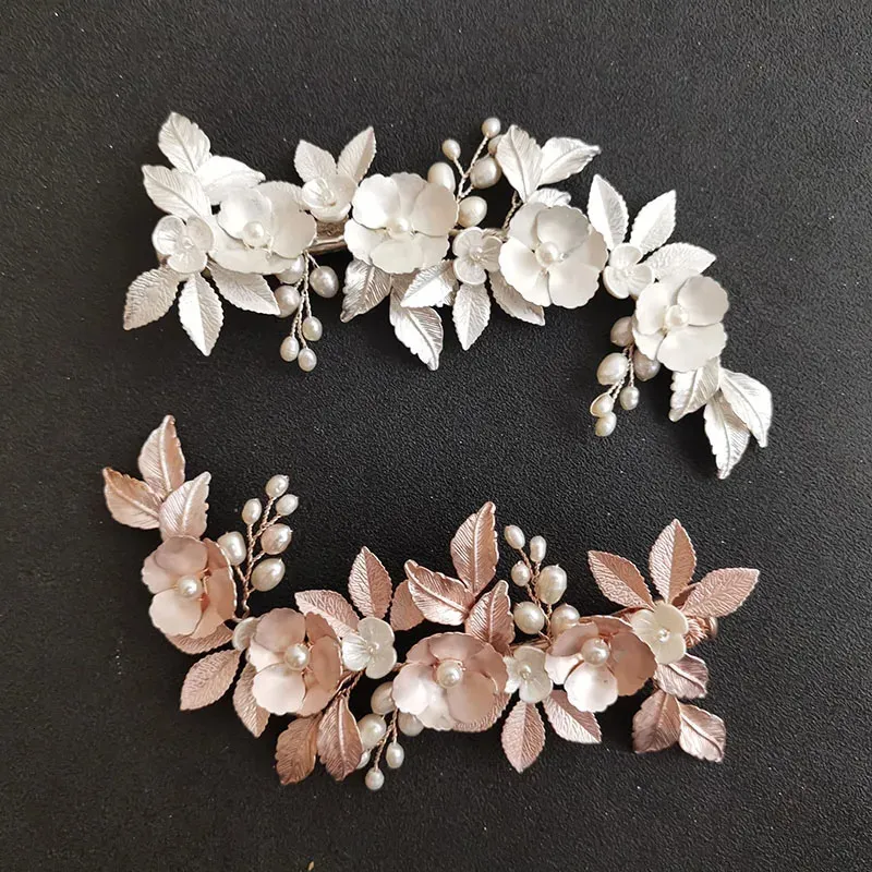 Slbridal Handmade Alloy Ceramic Flower Leaf Feshwater Pearls Wedding Hair Clip Barrettes Brudhuvudstycken Hårtillbehör 240315